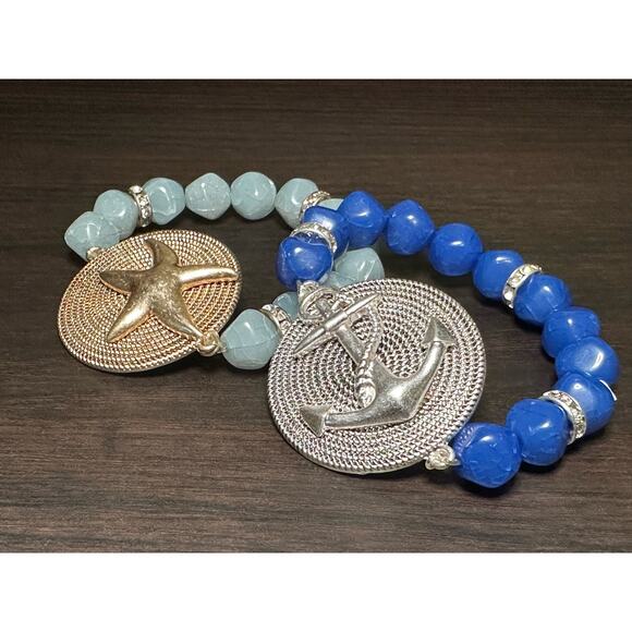 Pair of Coastal Beaded Bracelets Banded Anchor Starfish Fashion Jewelry - Picture 3 of 11